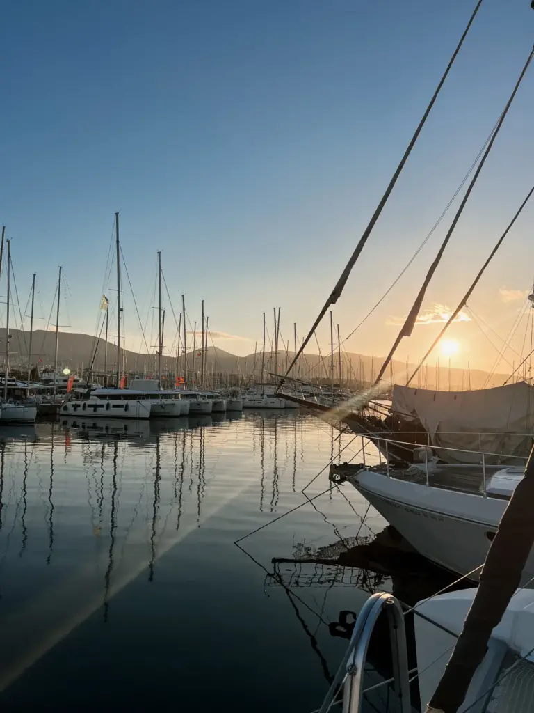 Kroatische Marina mit vielen Segelbooten im Sonnenuntergang